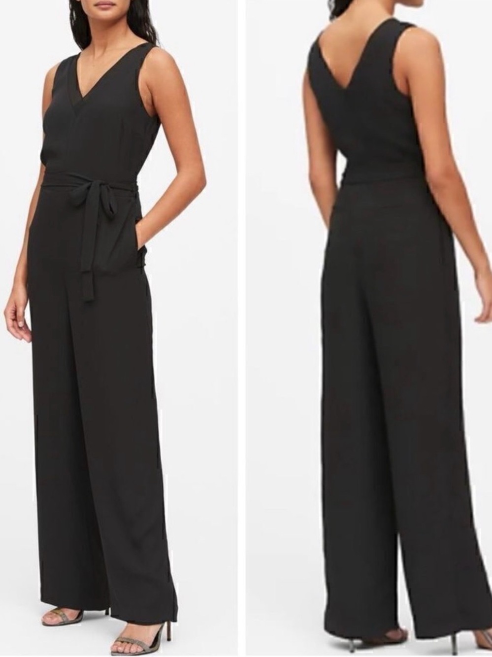 Banana Republic Black V-Neck Wide-Leg Jumpsuit with Tie Waist
